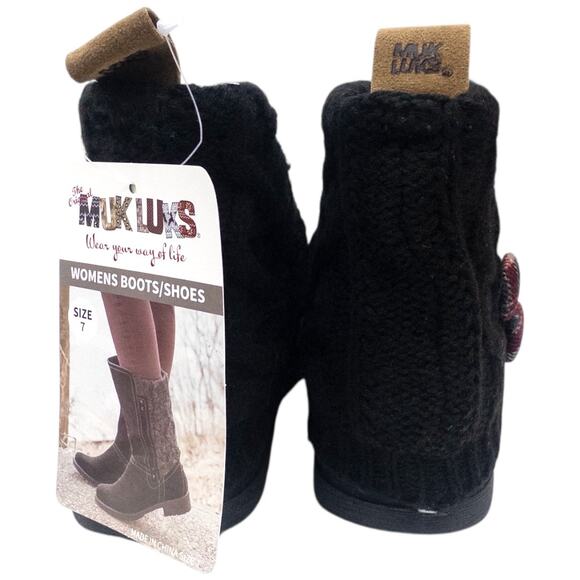 MUK LUKS Patti Cable Knit Sweater Cuff Booties 7 Red Gray Plaid Brown Black - Picture 6 of 7